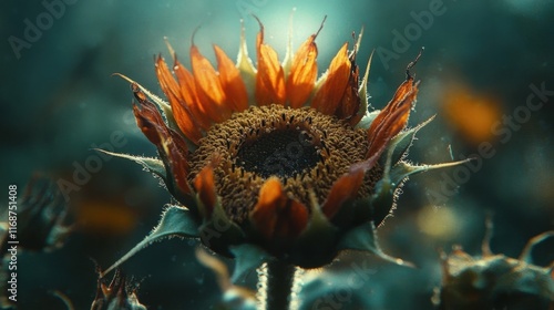 Beautiful sunflower blossom showcases vibrant colors under soft light in a serene natural setting. Generative AI