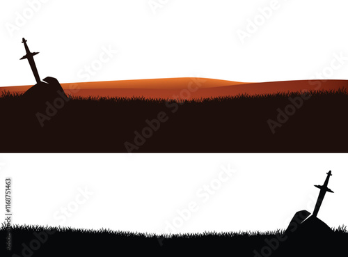 medieval longsword stuck in stone rock on panoramic grass field - king arthur legend excalibur sword border vector silhouette design set