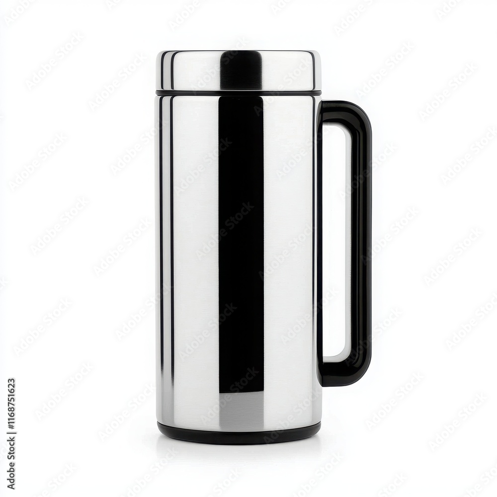 A sleek stainless steel mug suitable for hot or cold beverages. A sleek stainless steel mug suitable for hot or cold beverages.