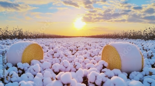 Round bales of cotton resting on a field at sunset photo