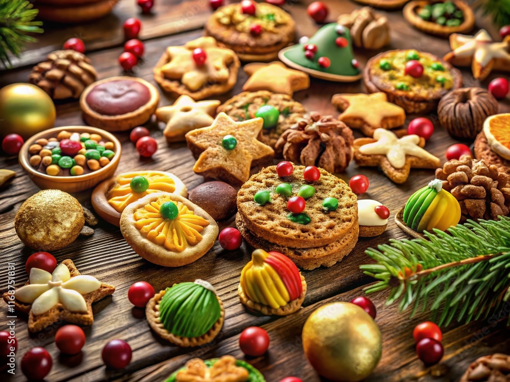 Festive Christmas Baking: Cookies, Nuts & Candies on Rustic Wooden Table Festive Christmas Baking: Cookies, Nuts & Candies on Rustic Wooden Table