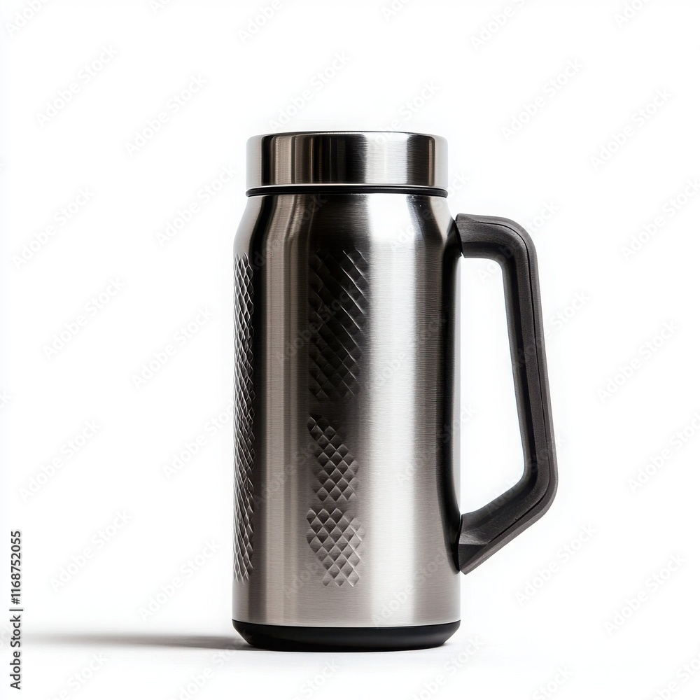 Stylish stainless steel travel mug with a sleek design for hot beverages. Stylish stainless steel travel mug with a sleek design for hot beverages.