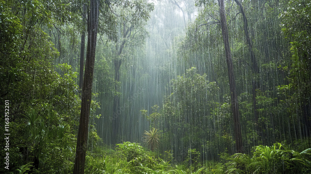 Obraz premium tranquil forest scene with visible rain streaks and lush greenery