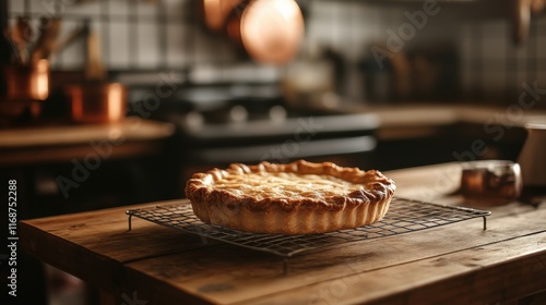 Delicious homemade apple pie in rustic kitchen setting with copper pots photo