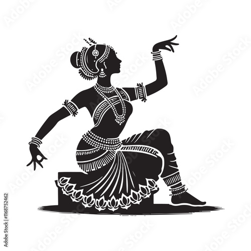 Bharatanatyam Silhouette Vector Illustration, Solid White Background.