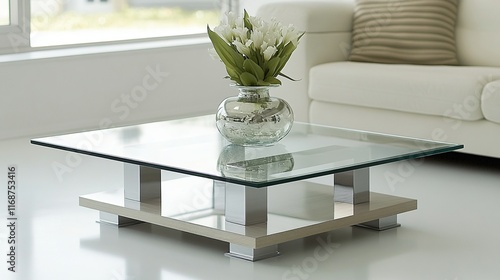 Simple glasstop coffee table, placed on white for contemporary interior design photo