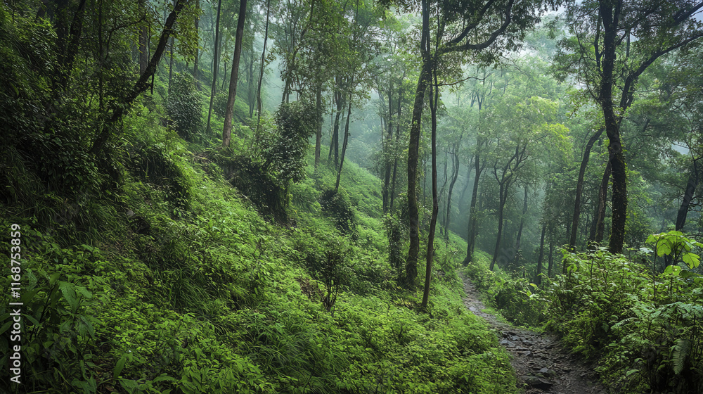 Lush subtropical forest scene in Nepal with misty atmosphere and greenery Lush subtropical forest scene in Nepal with misty atmosphere and greenery