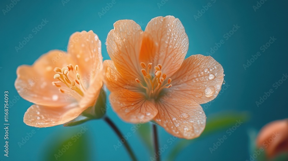 Fototapeta premium Beautiful orange flowers with water droplets against a vibrant blue background showcasing nature's elegance and detail. Generative AI