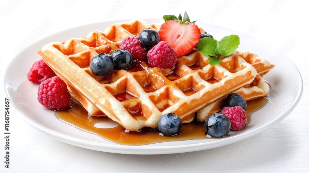 Delicious waffles topped with berries and syrup on a plate.