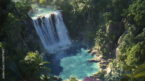 Aerial view of stunning waterfall surrounded by lush greenery and vibrant plants