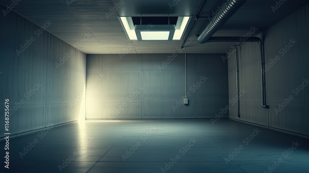 Fototapeta premium Empty industrial space with concrete walls and a single light source