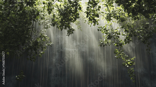Moody rainy forest scene with wavy rain curtains and lush greenery