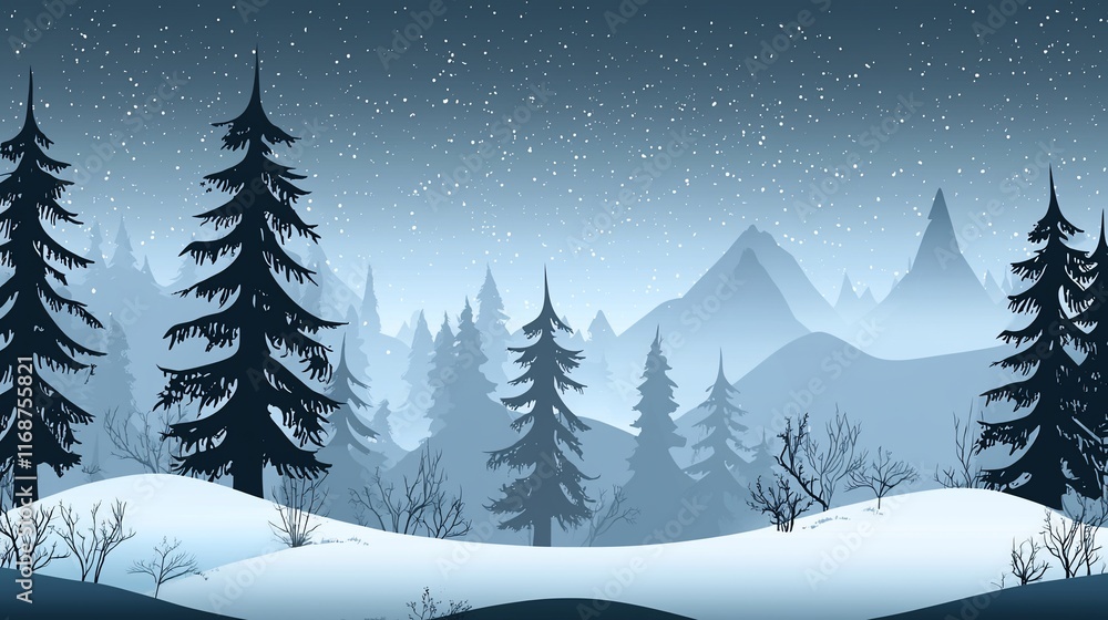 Snowy winter landscape with silhouettes of pine trees and mountains under a night sky.