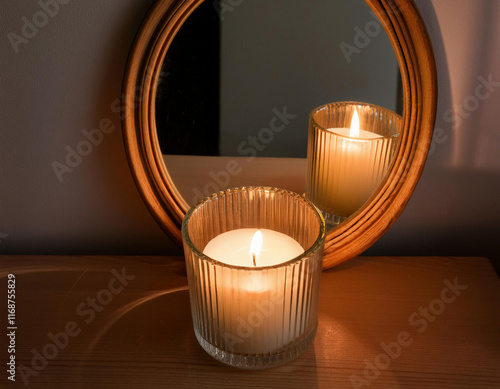 A glowing white candle in a ribbed glass holder is reflected in a round mirror, creating a warm and cozy atmosphere. photo