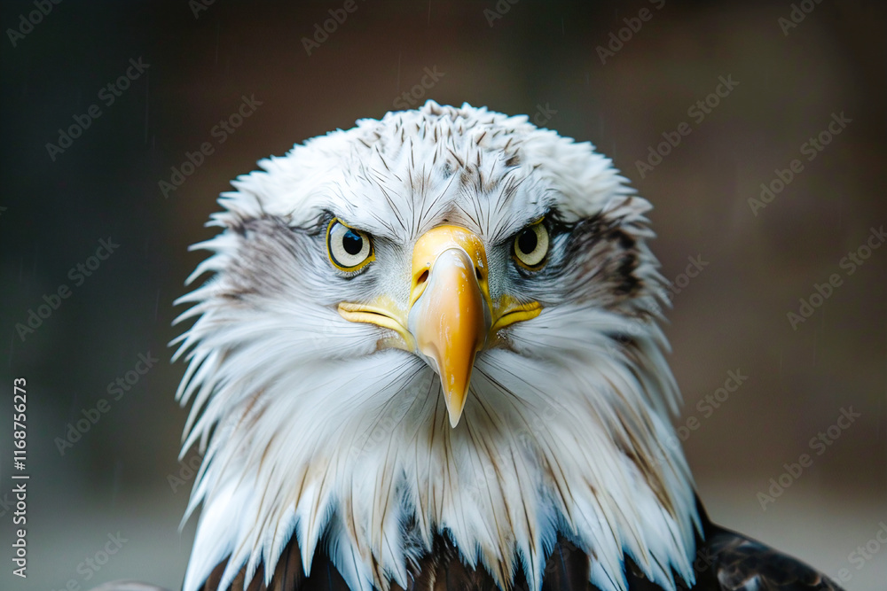 A fierce bald eagle with piercing yellow eyes and a sharp beak, posing against a blurred background. A fierce bald eagle with piercing yellow eyes and a sharp beak, posing against a blurred background.