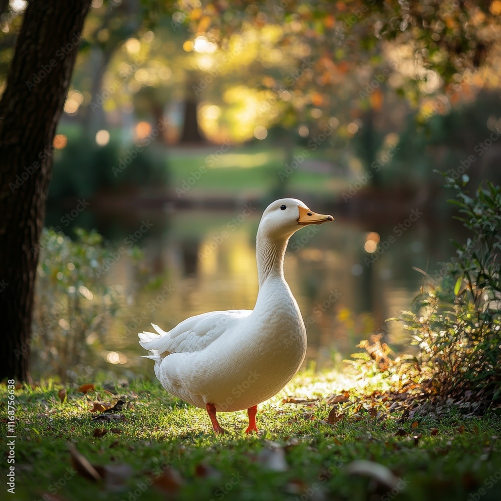 White duck standing gracefully on green grass in a sunny park setting during autumn White duck standing gracefully on green grass in a sunny park setting during autumn