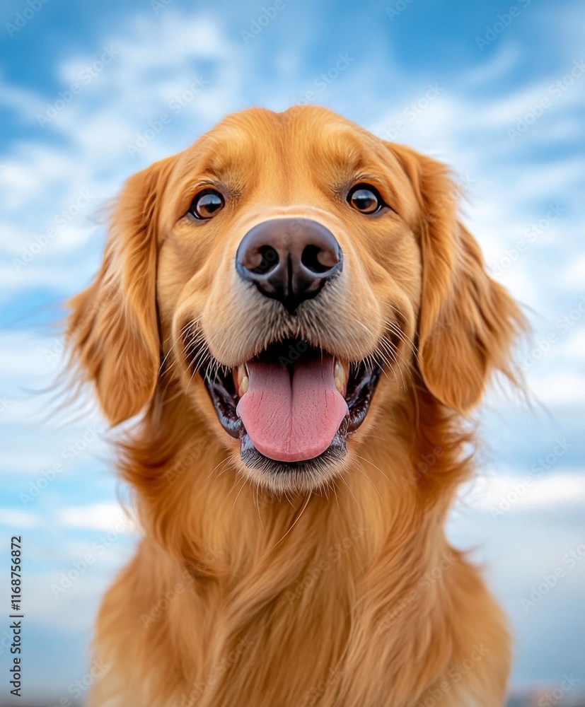 Happy golden retriever enjoying a sunny day with a blue sky and clouds Happy golden retriever enjoying a sunny day with a blue sky and clouds