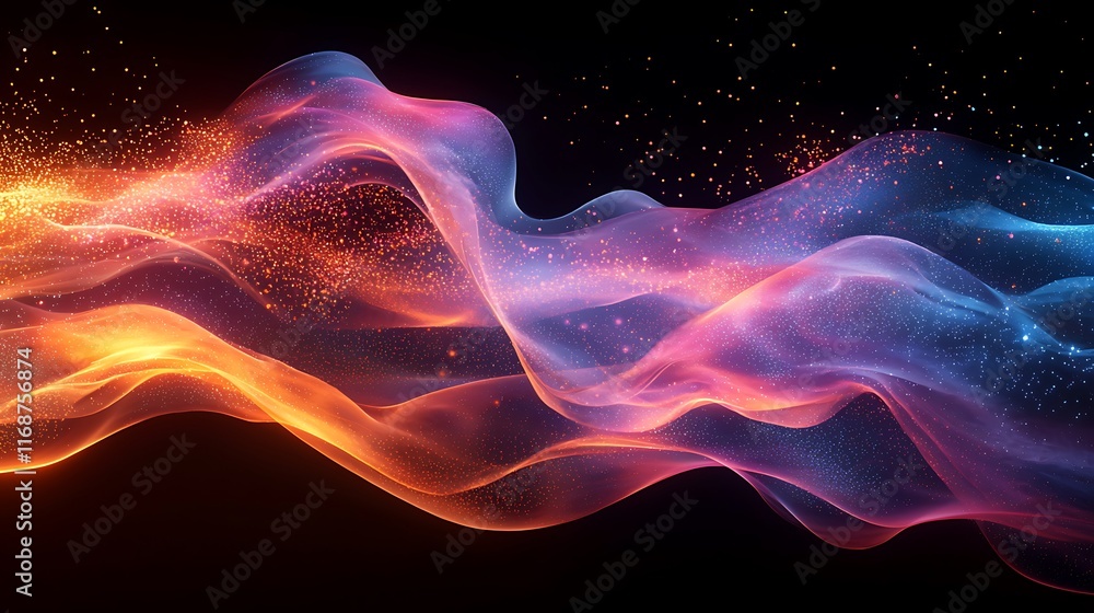 Abstract flowing wave of vibrant red, orange, and blue light with glowing particles on a black background. Abstract flowing wave of vibrant red, orange, and blue light with glowing particles on a black background.