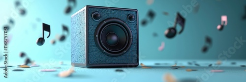 Cube speaker with musical notes floating around it on a teal background.