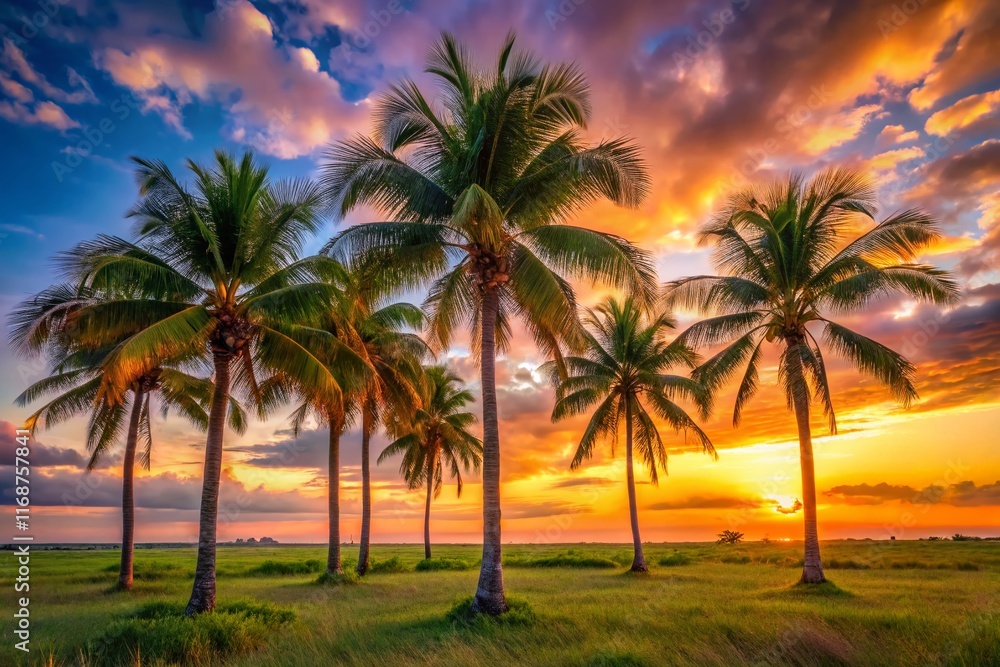 Florida Short Palm Trees: Scenic Sunset Over Lush Tropical Landscape Florida Short Palm Trees: Scenic Sunset Over Lush Tropical Landscape
