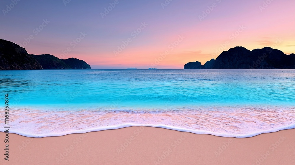 Naklejka premium Serene sunset over turquoise ocean beach.