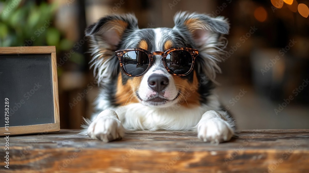 Fototapeta premium Cool Aussie Shepherd Dog Posing Chicly Indoors Photo. AI Generated