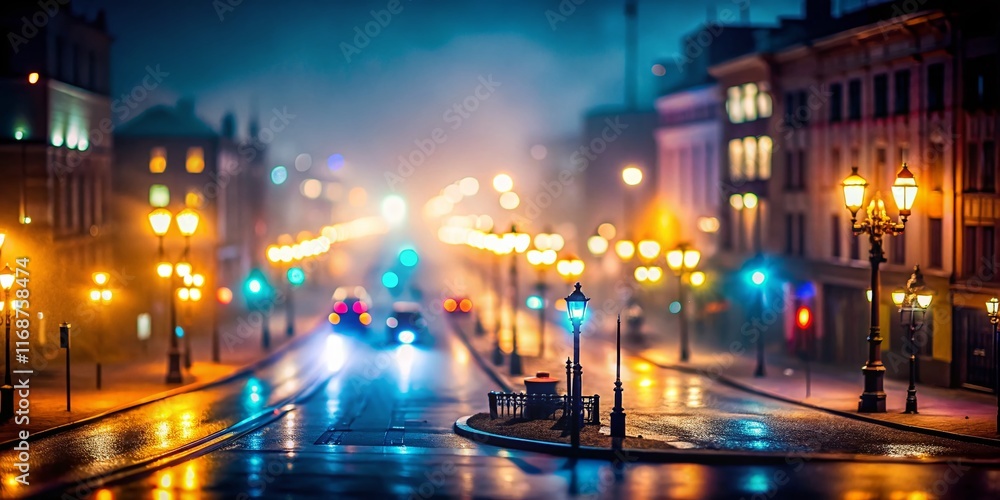 Foggy City Street at Night, Tilt-Shift Miniature Effect, Streetlights, Urban Scene, Night Photography Foggy City Street at Night, Tilt-Shift Miniature Effect, Streetlights, Urban Scene, Night Photography