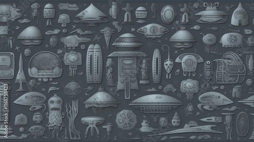 Sleek monochrome pattern featuring UFOs and alien designs in a modern graphic style photo