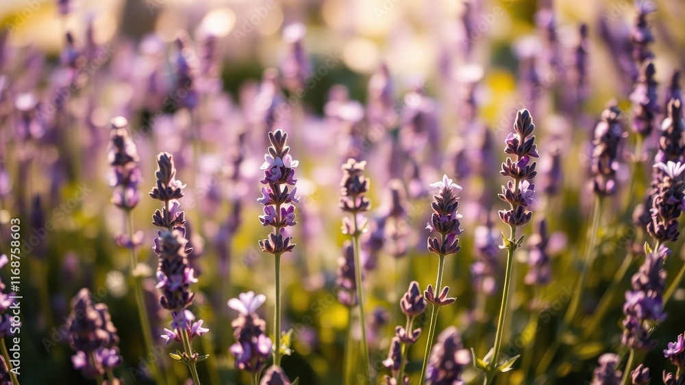 Obraz premium Golden Hour Lavender Field A close-up view of blooming lavender plants bathed in warm sunlight.