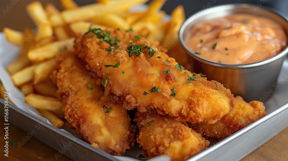 Crispy Fried Chicken Strips Served with Dipping Sauce and Golden French Fries, a Perfect Comfort Meal
