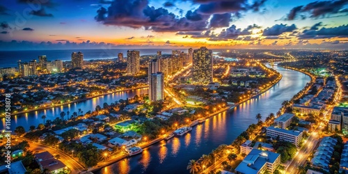 Fort Lauderdale, Florida Map with Bokeh City Lights - Aerial Night View