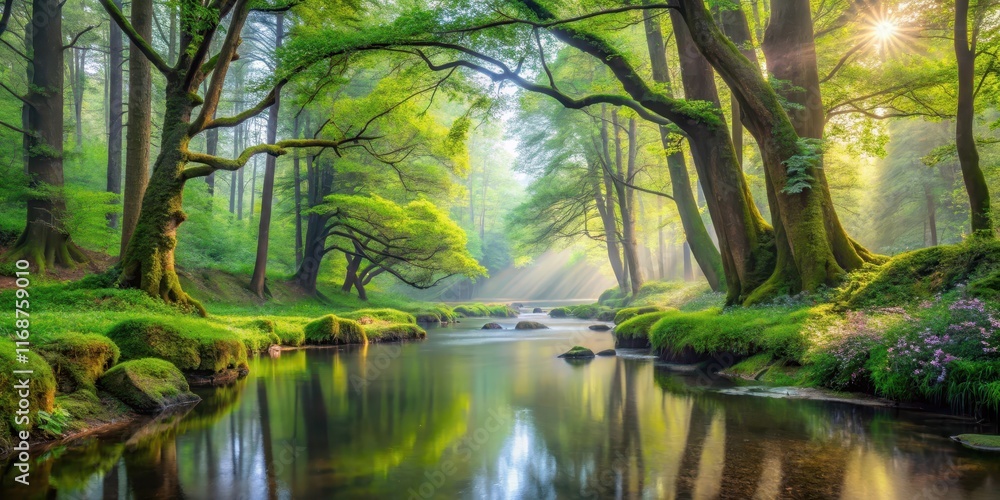 Serene Forest Stream at Dawn, Sunbeams Illuminating Mossy Trees and Lush Green Banks Serene Forest Stream at Dawn, Sunbeams Illuminating Mossy Trees and Lush Green Banks