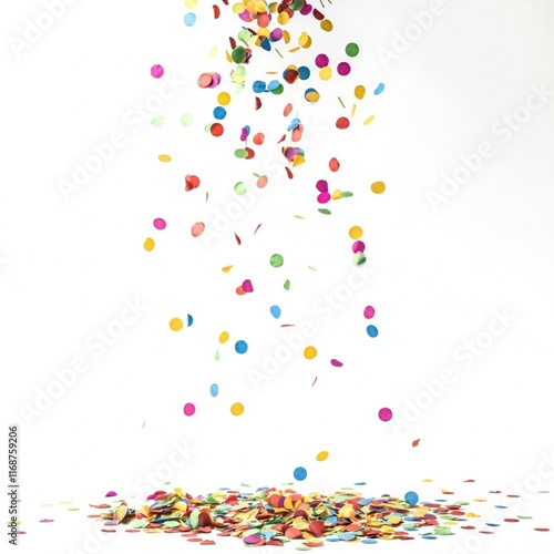 Buntes Konfetti fällt von oben herab vor weißem Hintergrund