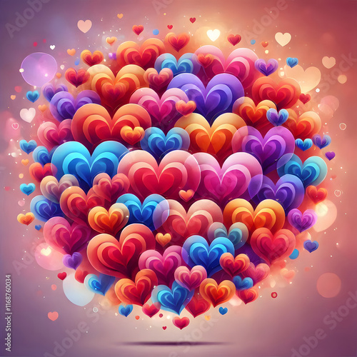 heart shapes in various sizes and shades of red, pink, orange, blue, and purple. Use soft gradients and subtle shadows 
