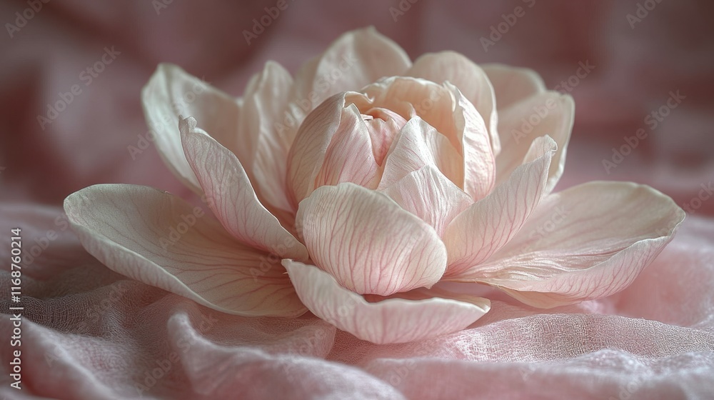 Beautiful delicate blooming flower rests on soft fabric in pastel colors during daylight hours. Generative AI Beautiful delicate blooming flower rests on soft fabric in pastel colors during daylight hours. Generative AI