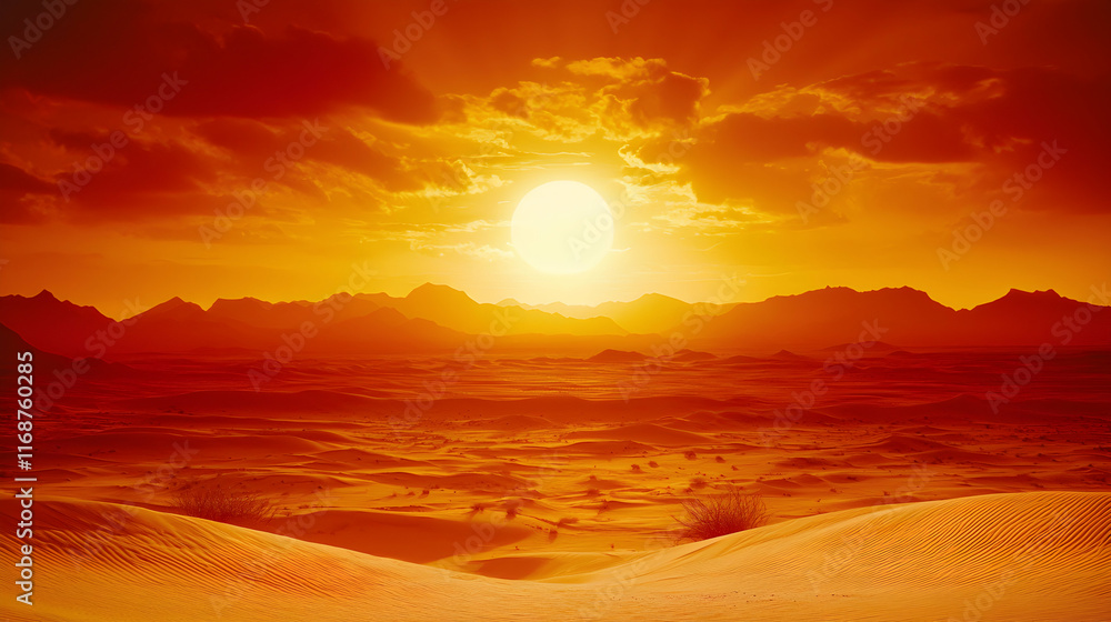 Fiery sunset over vast desert landscape, dramatic orange hues paint the sky and sand dunes. Fiery sunset over vast desert landscape, dramatic orange hues paint the sky and sand dunes.