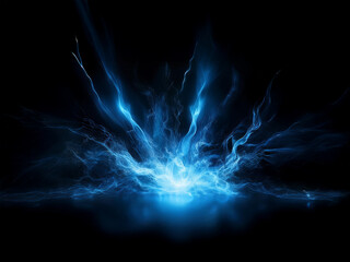 A vibrant blue energy burst explodes from a central point, radiating outwards against a stark black background.  The light is intense, creating a dynamic and powerful visual.