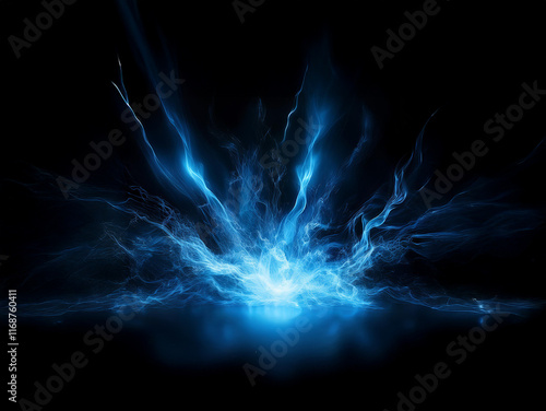 A vibrant blue energy burst explodes from a central point, radiating outwards against a stark black background.  The light is intense, creating a dynamic and powerful visual.