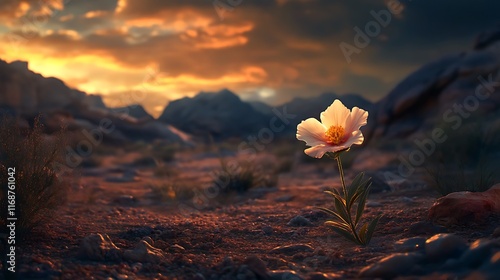 A desert flower blooming in an arid landscape, with dramatic lighting photo