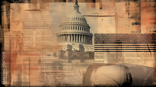 Vintage-style collage featuring the U.S. Capitol building with newspaper clippings and American flag