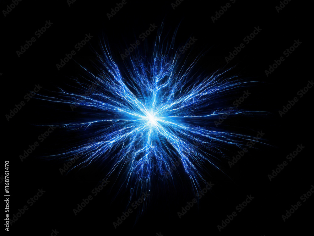Fototapeta premium A vibrant blue energy burst, resembling a star or snowflake, radiates outward against a pitch-black background. The glowing fractal pattern suggests power and cosmic energy.