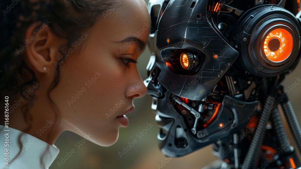 Fototapeta premium Modern Love Story Woman and Male Robot Machine