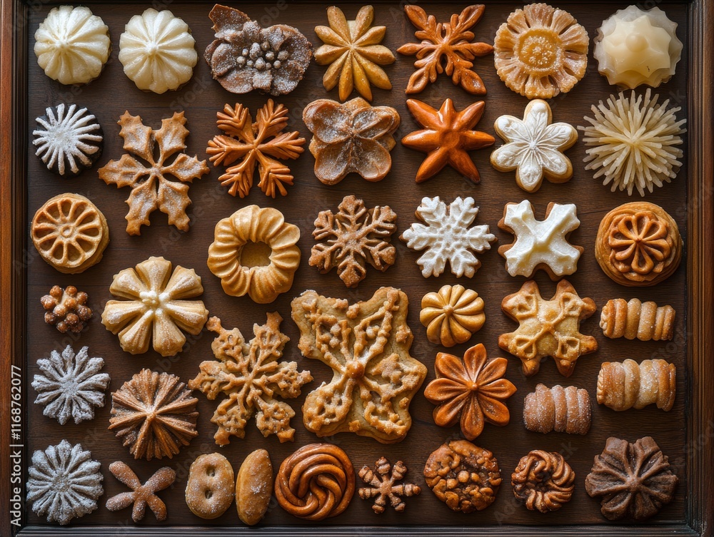 Assorted Homemade Cookies on Wooden Tray with Festive Winter Charm Assorted Homemade Cookies on Wooden Tray with Festive Winter Charm