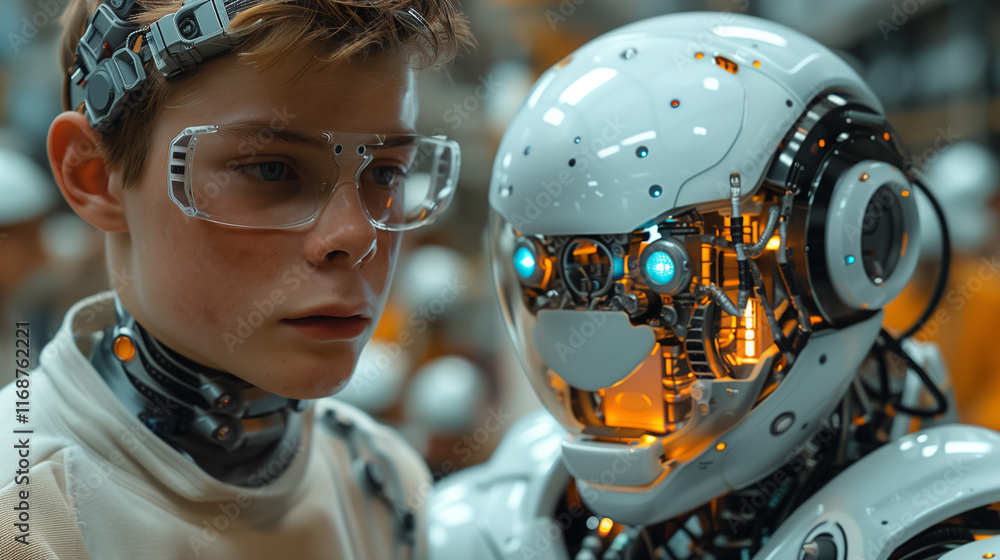 Fototapeta premium Factory Confrontation Between Human and Robot