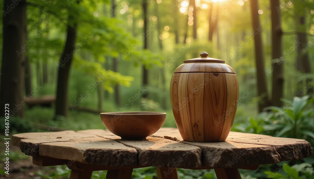 Wooden cremation urn on rustic table in serene forest setting Wooden cremation urn on rustic table in serene forest setting