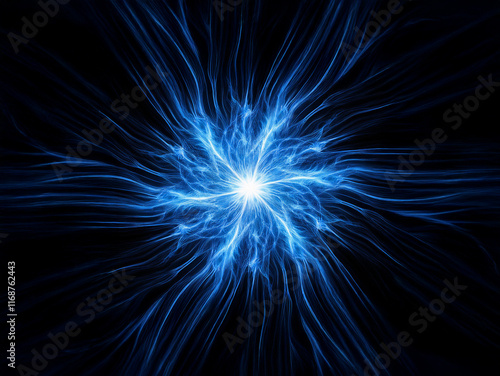 A mesmerizing abstract image depicting a vibrant, blue energy burst radiating outwards, resembling a cosmic flower in a dark void.  The intricate details showcase the power and beauty of abstract ener photo