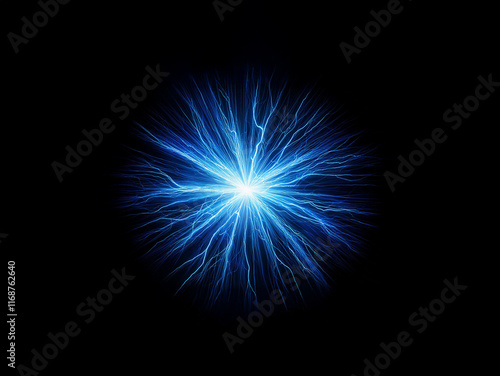 Wallpaper Mural A vibrant blue energy burst, radiating outward from a central point against a stark black background.  The intricate, branching patterns evoke a sense of power and dynamism. Torontodigital.ca