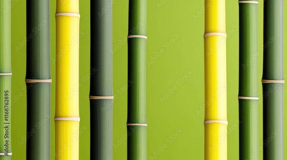 A collection of bamboo stalks against a vibrant green background. A collection of bamboo stalks against a vibrant green background.