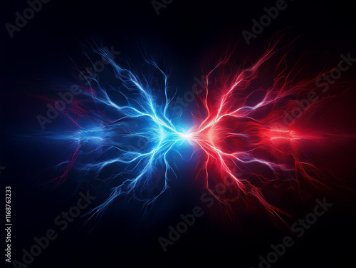 Clashing energies, blue and red electric currents collide in a dark void, creating a mesmerizing, symmetrical spectacle of light and power.  The vibrant, contrasting colors intensify the dynamic visua photo