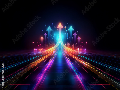 Glowing arrows ascend a vibrant, futuristic highway, symbolizing growth and progress on a digital path. The neon lights illuminate the road ahead, signifying opportunity and advancement.